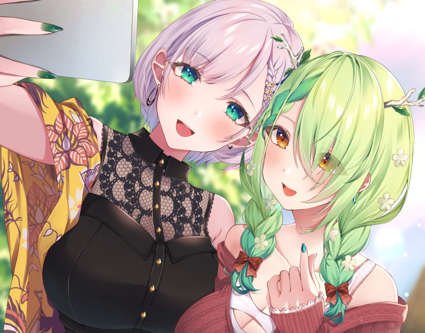 2girls :d bangs black_shirt blue_eyes blue_nails blush braid branch breasts ceres_fauna commentary earrings english_commentary eyebrows_visible_through_hair eyes_visible_through_hair floral_print flower green_hair green_nails hair_flower hair_ornament hair_over_one_eye highres holding holding_phone hololive hololive_english hololive_indonesia jewelry large_breasts looking_at_phone multicolored_hair multiple_girls nail_polish pavolia_reine phone red_sweater selfie shirt short_hair silver_hair smile sosuke_(yrmon) streaked_hair sweater teeth upper_body upper_teeth virtual_youtuber white_flower yellow_eyes