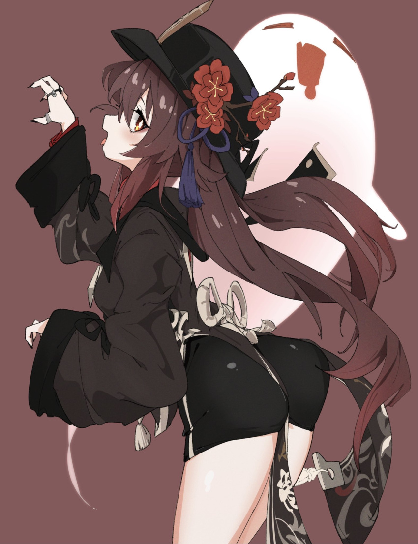 1girl ass black_headwear black_jacket black_nails black_shorts blush breasts brown_background brown_hair chinese_clothes claw_pose coattails commentary cowboy_shot fingernails flower flower-shaped_pupils flower_knot from_side genshin_impact ghost gradient_hair hair_between_eyes hat hat_flower highres hu_tao_(genshin_impact) jacket leaning_forward long_hair looking_at_viewer medium_breasts multicolored_hair nail_polish ocha_(popopogg) open_mouth plum_blossoms porkpie_hat profile red_eyes red_shirt redhead sharp_fingernails shirt short_shorts shorts simple_background smile solo standing symbol-shaped_pupils tangzhuang tassel thighs tongue tongue_out twintails two-tone_hair wide_sleeves