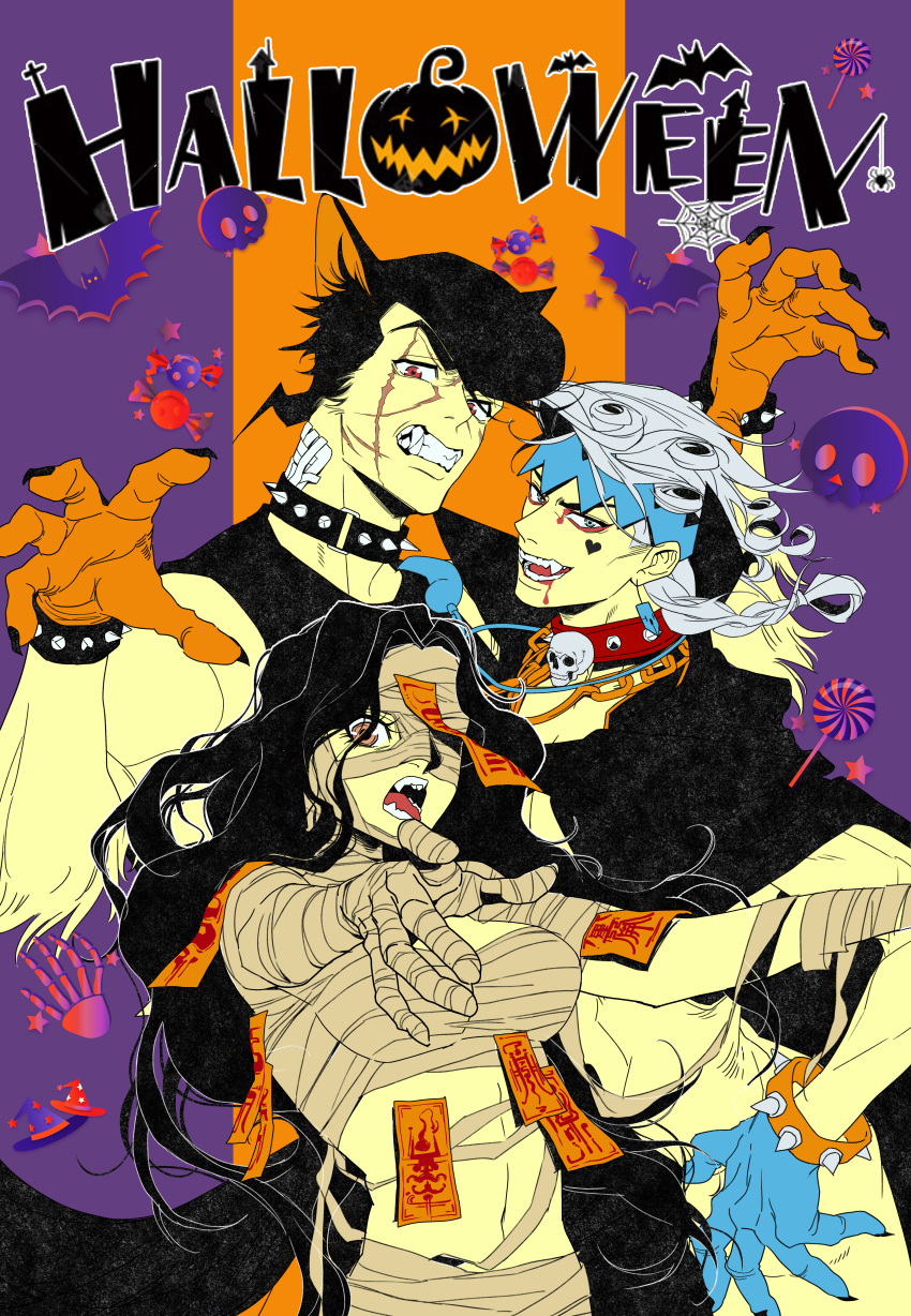 1girl 2boys absurdres al_(ahr) animal_ears bandaged_head bandages black_hair blood blood_in_mouth bracelet breasts cape claw_pose collar curly_hair diamond_wa_kudakenai eyeliner fangs grey_hair halloween halloween_costume headband higashikata_josuke highres jewelry jojo_no_kimyou_na_bouken kishibe_rohan limited_palette long_hair makeup multiple_boys mummy mummy_costume ofuda outstretched_arms spiked_bracelet spiked_collar spikes stitched_face vampire vampire_costume wavy_hair werewolf werewolf_costume wolf_ears yamagishi_yukako