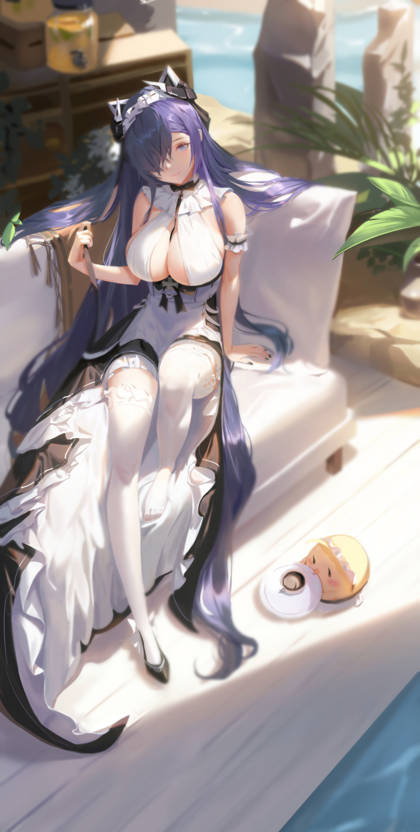 1girl arm_garter august_von_parseval_(azur_lane) azur_lane bangs bird blue_eyes blurry blurry_background breasts chick closed_mouth couch cup depth_of_field dress frilled_dress frills full_body halter_dress halterneck headpiece highres holding holding_knife knee_up knife large_breasts long_hair looking_at_viewer manjuu_(azur_lane) on_couch one_eye_covered outdoors plant pool poolside purple_hair sansan_(dongfangzhong111) sitting solo_focus sunlight thigh-highs tray very_long_hair white_legwear