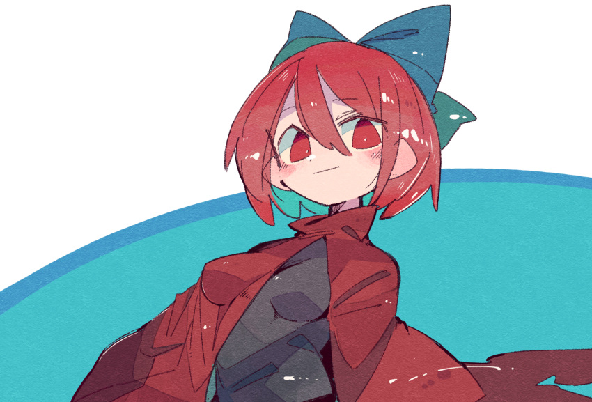 1girl bangs black_shirt blue_bow bow breasts bright_pupils cape green_background hair_between_eyes hair_bow impossible_clothes looking_at_viewer massakasama medium_breasts red_cape red_eyes redhead sekibanki shirt short_hair solo touhou upper_body white_background