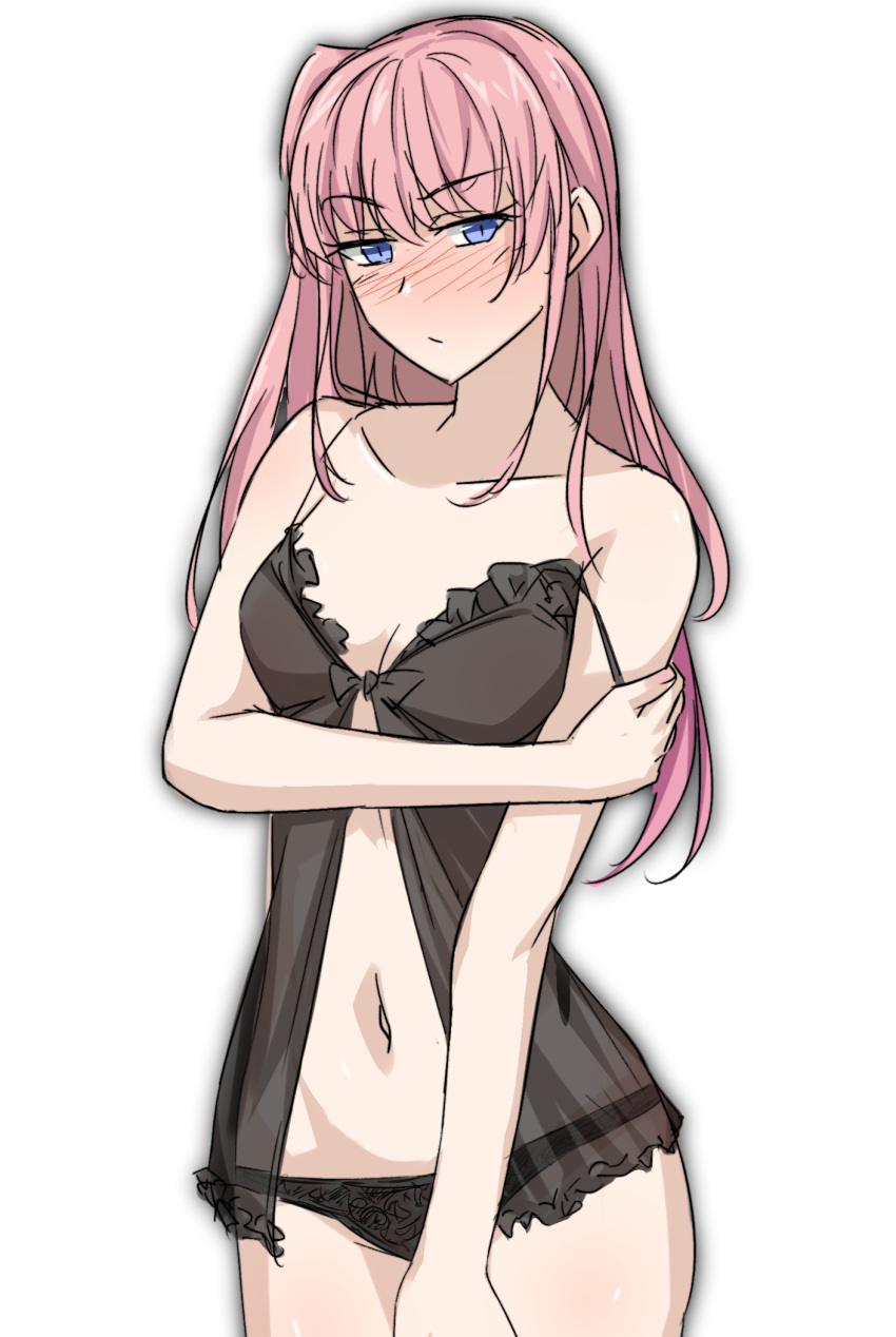 1girl bangs bare_shoulders black_nightgown black_panties blue_eyes blush breasts closed_mouth collarbone crossed_arms eyebrows_visible_through_hair feet_out_of_frame girls_frontline highres long_hair looking_at_viewer mosa331 navel nightgown panties pink_hair small_breasts solo st_ar-15_(girls'_frontline) standing underwear white_background