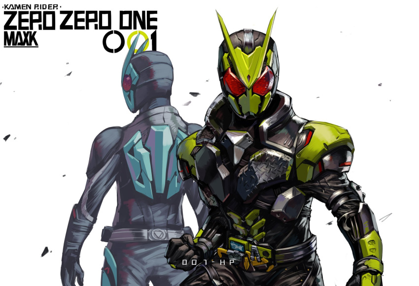 1boy alternate_universe armor artist_name black_armor black_bodysuit black_gloves bodysuit clenched_hand driver_(kamen_rider) dual_persona forceriser from_side gloves green_armor highres kamen_rider kamen_rider:_reiwa_the_first_generation kamen_rider_01_(series) kamen_rider_zero-one kamen_rider_zerozero_one looking_at_viewer male_focus max-k profile progrise_key red_eyes rider_belt rising_hopper upper_body