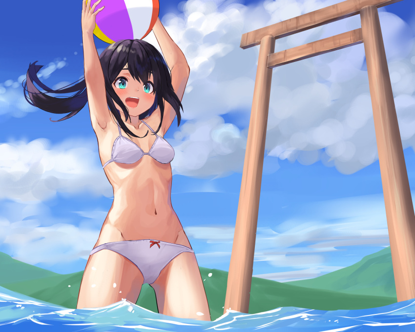 1girl ball beachball bikini black_hair blue_sky breasts clouds cowboy_shot day from_below highres itsuki_nofuji long_hair mountain original outdoors sky small_breasts soaking_feet solo standing swimsuit torii white_bikini