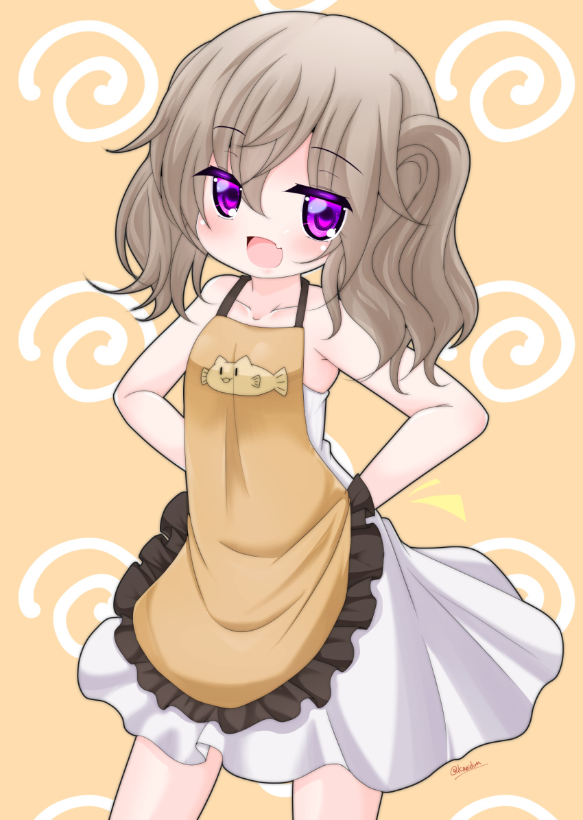 1girl :d apron arms_behind_back bangs bare_arms bare_shoulders blush breasts brown_apron brown_background brown_hair collarbone commentary_request dress eyebrows_visible_through_hair fang frilled_apron frills hair_between_eyes highres kanijiru looking_at_viewer slow_loop small_breasts smile solo standing twintails twitter_username violet_eyes white_dress yoshinaga_koi