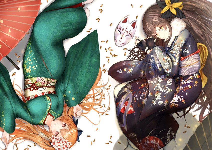 1girl absurdres ammunition bangs black_bow black_gloves black_kimono blue_ribbon bow breasts brown_eyes brown_hair bullet closed_mouth commentary_request eyebrows eyebrows_visible_through_hair fingerless_gloves floral_print flower fox_mask from_side full_body fur-trimmed_kimono fur_trim girls_frontline gloves green_kimono grey_hair guchagucha gun h&amp;k_ump h&amp;k_ump9 hair_bow hair_flower hair_ornament hair_ribbon hairclip highres japanese_clothes kimono legs_together long_hair long_sleeves looking_at_viewer lying mask medium_breasts obi oil-paper_umbrella on_back on_side own_hands_together ponytail red_umbrella ribbon sash scar scar_across_eye side_ponytail sidelocks smile socks solo submachine_gun tabi twintails umbrella ump45_(girls'_frontline) ump9_(girls'_frontline) weapon white_legwear wide_sleeves yellow_bow yellow_eyes