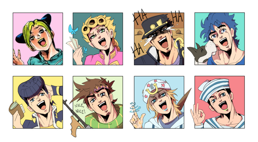 :d battle_tendency beanie black_hair blonde_hair blue_eyes blue_hair blue_lips brown_hair bug butterfly chain crying danny_(jojo) derivative_work diamond_wa_kudakenai dixie_cup_hat dog expression_chart giorno_giovanna green_eyes green_lips gun hat headband higashikata_josuke higashikata_josuke_(jojolion) highres horseshoe_ornament johnny_joestar jojo_no_kimyou_na_bouken jojolion jonathan_joestar joseph_joestar joseph_joestar_(young) kujo_jolyne kujo_jotaro manga_panel_redraw military_hat money norue ok_sign parody phantom_blood pointing pointing_up pompadour scarf smile star_(symbol) star_print stardust_crusaders steel_ball_run stone_ocean striped striped_scarf submachine_gun tears thompson_submachine_gun tooth_gap vento_aureo wallet weapon