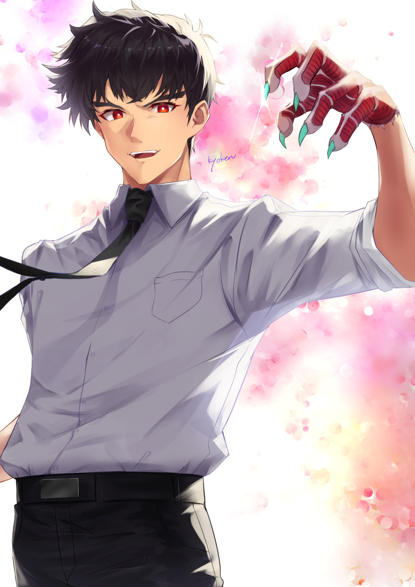 1boy absurdres black_hair black_neckwear black_pants claws highres jigoku_sensei_nube kyoken long_sleeves looking_at_viewer male_focus necktie nueno_meisuke open_mouth pants red_eyes shirt short_hair sleeves_rolled_up solo teeth upper_body white_shirt