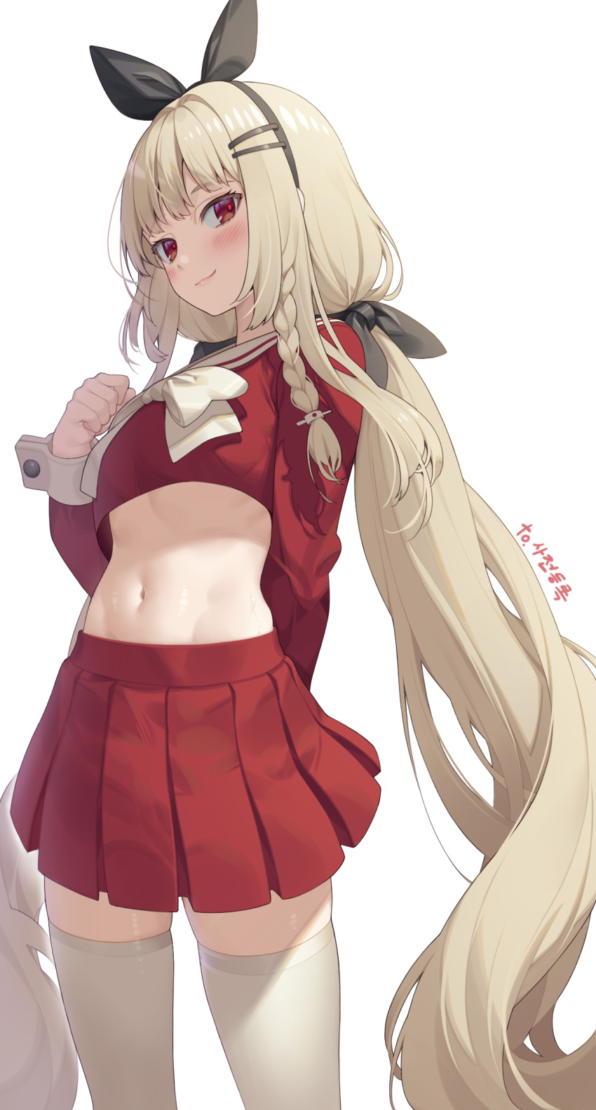 1girl arm_behind_back blonde_hair bow bowtie braid commission cowboy_shot crop_top crop_top_overhang dungeon_and_fighter hair_ornament hair_ribbon hairclip hand_up highres hop3 long_hair long_sleeves looking_at_viewer low_twintails midriff miniskirt navel pleated_skirt red_eyes red_shirt red_skirt revealing_clothes ribbon sailor_collar shirt skirt smile solo standing stomach thigh-highs thighs twintails very_long_hair white_legwear wrist_cuffs zettai_ryouiki