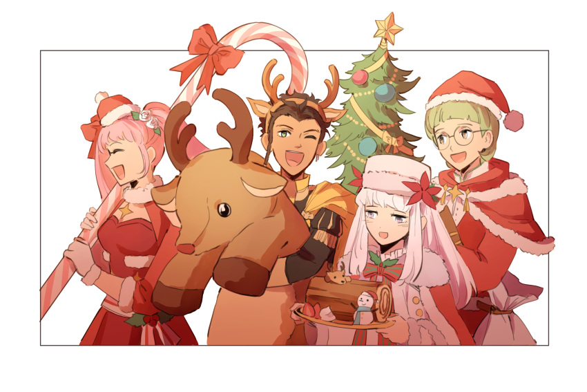 2boys 2girls :d candy candy_cane cape capelet christmas christmas_tree claude_von_riegan dark-skinned_male dark_skin fake_antlers fire_emblem fire_emblem:_three_houses fire_emblem_heroes fire_emblem_warriors:_three_hopes food fur-trimmed_capelet fur_trim glasses gloves green_eyes green_hair hat highres hilda_valentine_goneril human ignatz_victor intelligent_systems lysithea_von_ordelia multiple_boys multiple_girls nintendo norue one_eye_closed pink_hair round_eyewear santa_costume santa_hat smile stuffed_animal stuffed_reindeer stuffed_toy twintails white_hair yellow_cape yule_log