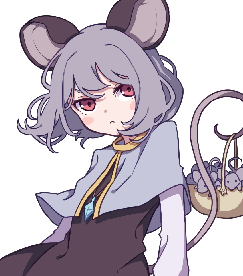 1girl absurdres animal animal_ears basket black_dress blush_stickers capelet closed_mouth dress grey_capelet grey_hair highres jewelry kame_(kamepan44231) long_sleeves mouse mouse_ears mouse_tail nazrin one-hour_drawing_challenge pendant red_eyes short_hair simple_background solo tail touhou upper_body white_background