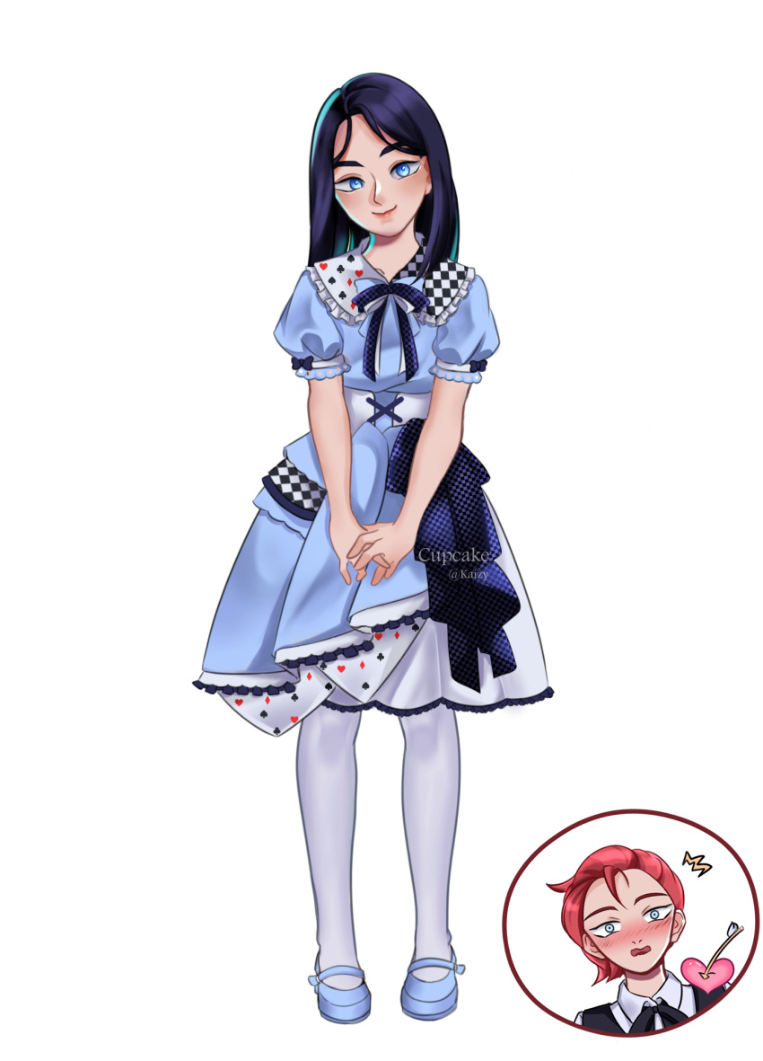 2girls arcane:_league_of_legends arrow_through_heart artist_name bangs black_hair black_ribbon blue_bow blue_bowtie blue_dress blue_eyes blue_footwear blush bow bowtie caitlyn_(league_of_legends) checkered_clothes clothing_request dress full_body heart highres kaizy_(kaizy_07) league_of_legends long_hair looking_at_viewer multiple_girls open_mouth own_hands_together puffy_short_sleeves puffy_sleeves redhead ribbon shoes short_hair short_sleeves smile solo_focus standing vi_(league_of_legends) white_background yuri