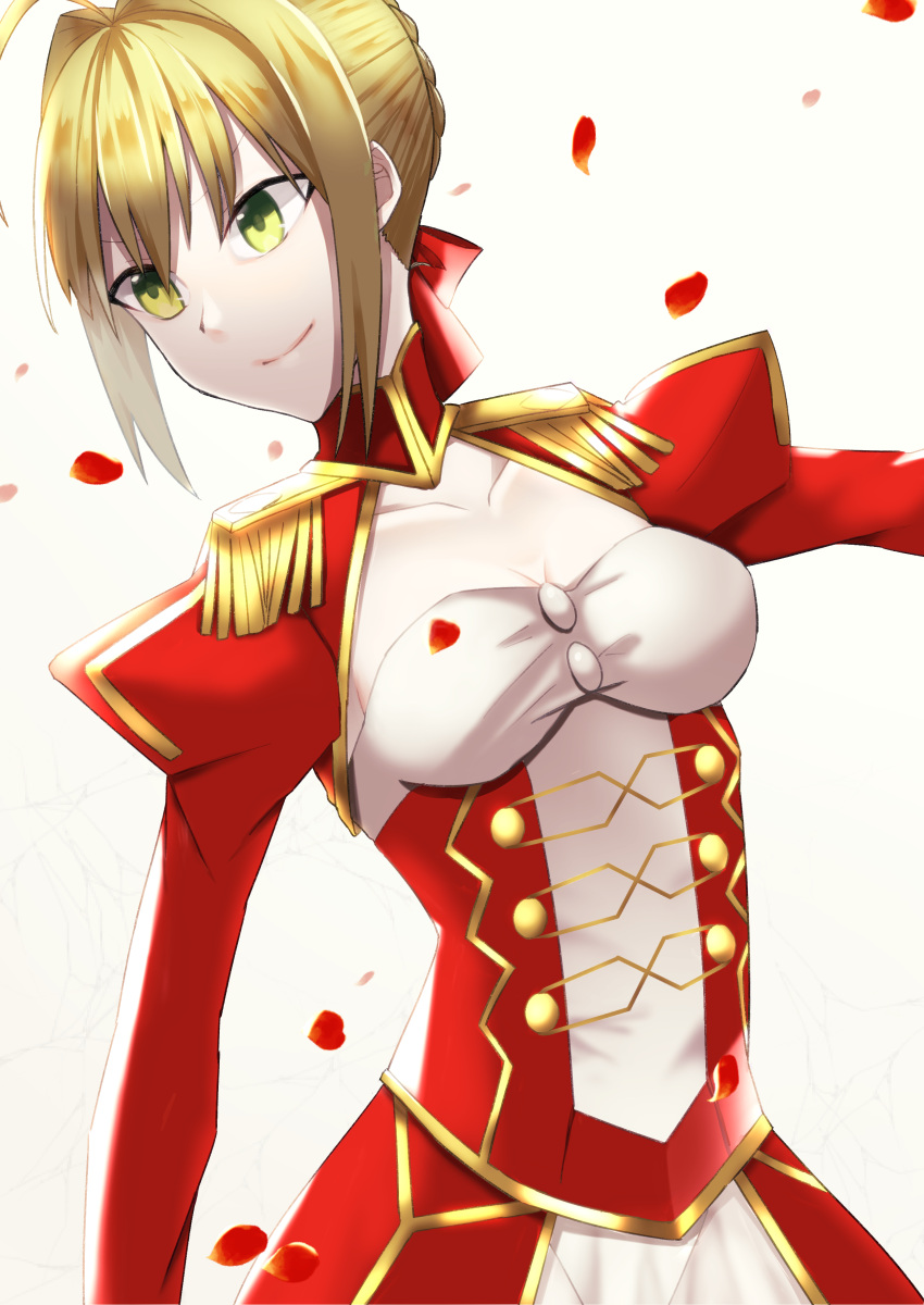 1girl ahoge blonde_hair braid breasts cleavage commentary_request dress epaulettes fate/extra fate/grand_order fate_(series) french_braid green_eyes hair_intakes hair_ribbon juliet_sleeves large_breasts long_sleeves nero_claudius_(fate) nero_claudius_(fate)_(all) puffy_sleeves red_dress red_ribbon ribbon saber_extra sakae_yu see-through solo wide_sleeves