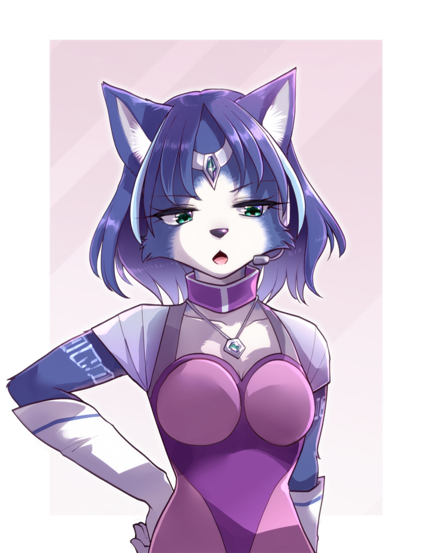 1girl adapted_costume animal_ears animal_nose aqua_eyes arm_tattoo bangs blue_fur blue_hair body_fur border breasts circlet cleavage_cutout clothing_cutout collarbone commentary earpiece english_commentary eyebrows_visible_through_hair fox_ears fox_girl furry furry_female gloves gradient gradient_background half-closed_eyes hand_on_hip highres krystal looking_to_the_side medium_breasts multicolored_hair multicolored_shirt namagaki_yukina open_mouth outline outside_border pink_shirt purple_background purple_shirt raglan_sleeves sapphire_(gemstone) shiny shiny_hair shirt short_hair short_sleeves simple_background solo standing star_fox star_fox_command streaked_hair tattoo two-tone_fur two-tone_hair upper_body white_border white_fur white_gloves