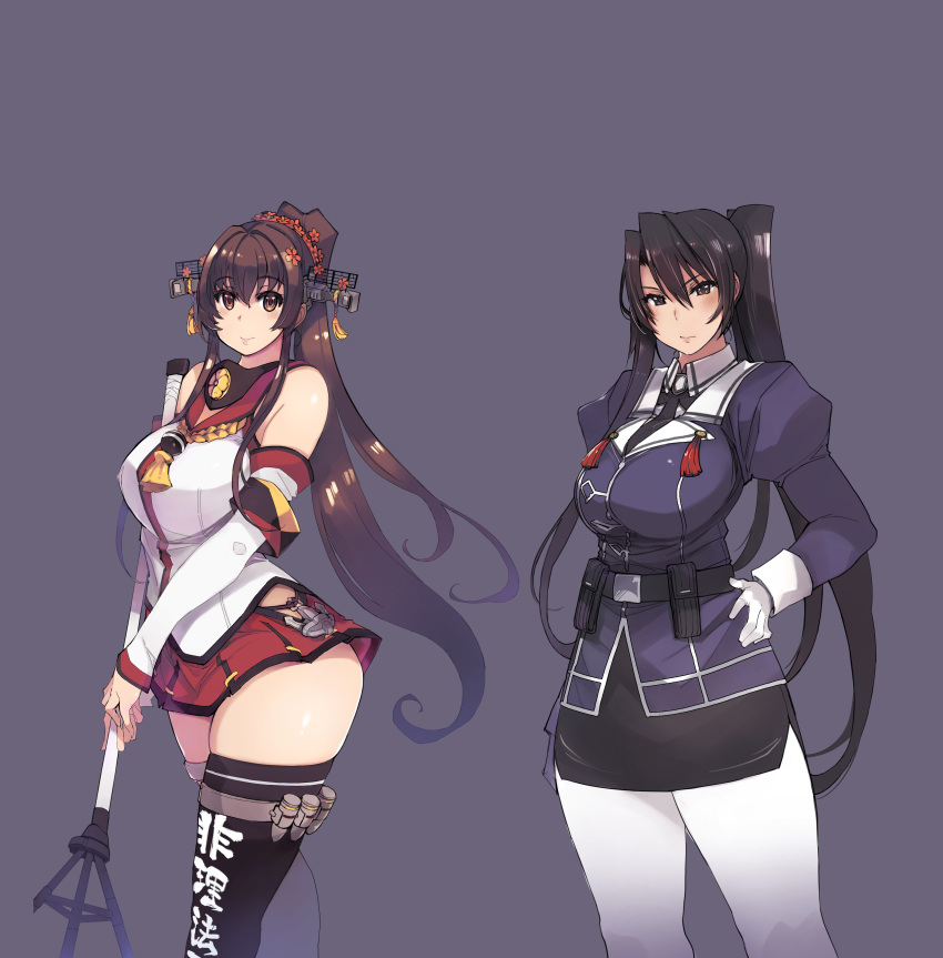 2girls absurdly_long_hair absurdres armband black_hair black_legwear black_skirt breasts brown_eyes brown_hair cherry_blossoms clothes_writing detached_sleeves flower gloves hair_flower hair_ornament headgear high_ponytail highres hip_vent kantai_collection large_breasts long_hair long_sleeves mil_(xration) military military_uniform miniskirt multiple_girls nachi_(kancolle) nachi_kai_ni_(kancolle) pantyhose pencil_skirt pleated_skirt ponytail red_skirt side_ponytail sidelocks single_thighhigh skirt thigh-highs uniform very_long_hair white_gloves white_legwear yamato_(kancolle) z_flag