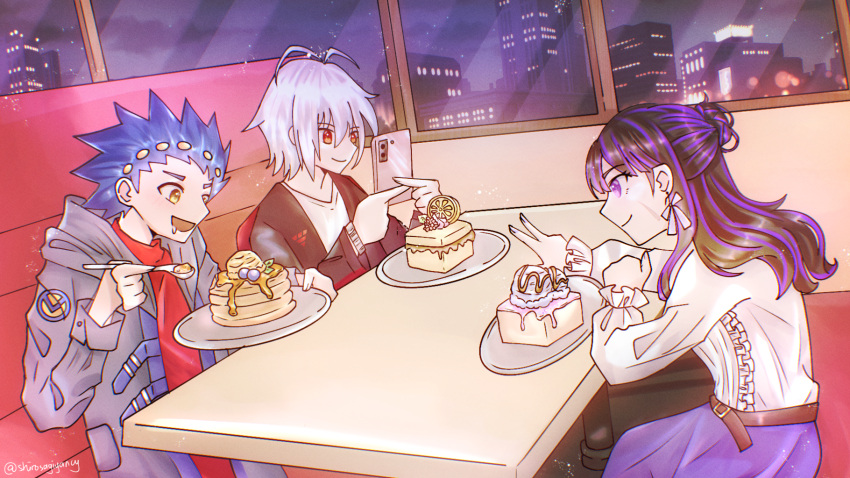 1girl 2boys aoi_valt beyblade beyblade:_burst black_hair blue_hair brown_eyes cake cake_slice food highres kurenai_shuu multiple_boys murasakino_hairu original red_eyes table violet_eyes white_hair window yancy_shirosagi