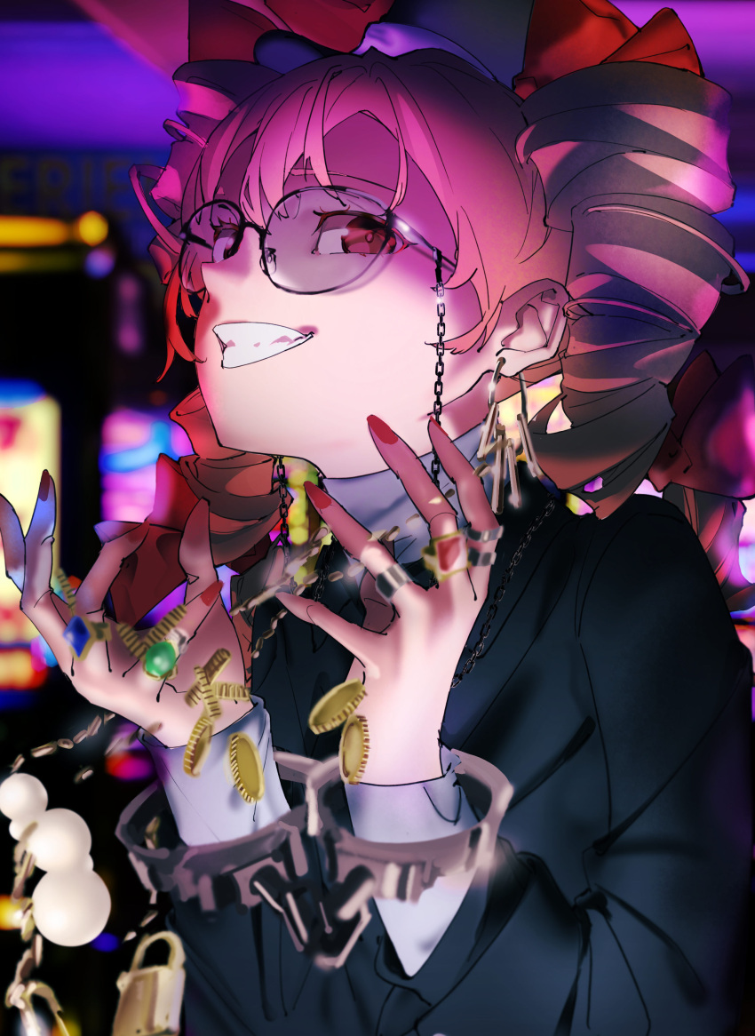 1girl absurdres black_coat bow chain chained_wrists coat coin cuffs drill_hair glasses gold hat hat_bow high_collar highres jewelry light_brown_hair mizoreshi necklace orange_eyes ribbon ring round_eyewear smile solo top_hat touhou twin_drills yorigami_jo'on