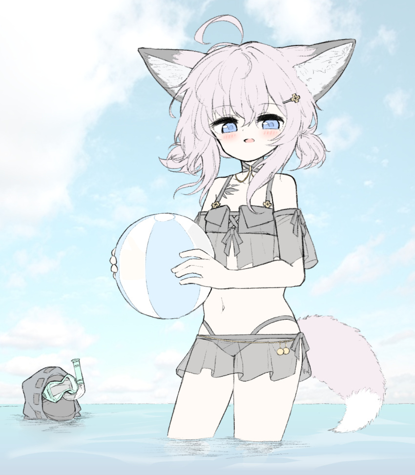 ahoge animal_ear_fluff animal_ears arknights ball beachball bikini black_bikini black_swimsuit blue_eyes blush cowboy_shot doctor_(arknights) dot_nose eyebrows_visible_through_hair fox_ears fox_girl fox_tail grey_hair highres jb_ryshamr looking_at_viewer navel ocean off-shoulder_bikini off_shoulder originium_(arknights) oripathy_lesion_(arknights) outdoors see-through snorkel sussurro_(arknights) sussurro_(summer_flowers)_(arknights) swimsuit tail water