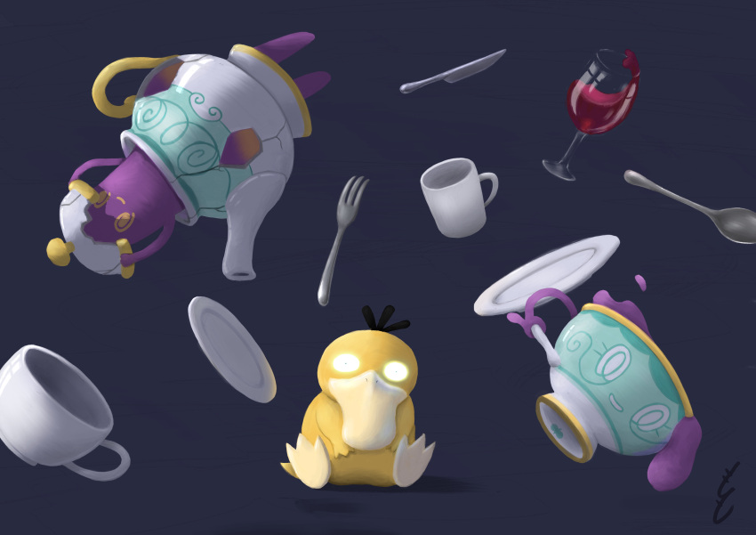 absurdres alcohol commentary_request cup drinking_glass fork glowing glowing_eyes highres knife looking_at_viewer mug nankyoku_(antarctic_poke) no_humans plate pokemon pokemon_(creature) polteageist psyduck sinistea sitting spoon telekinesis wine wine_glass