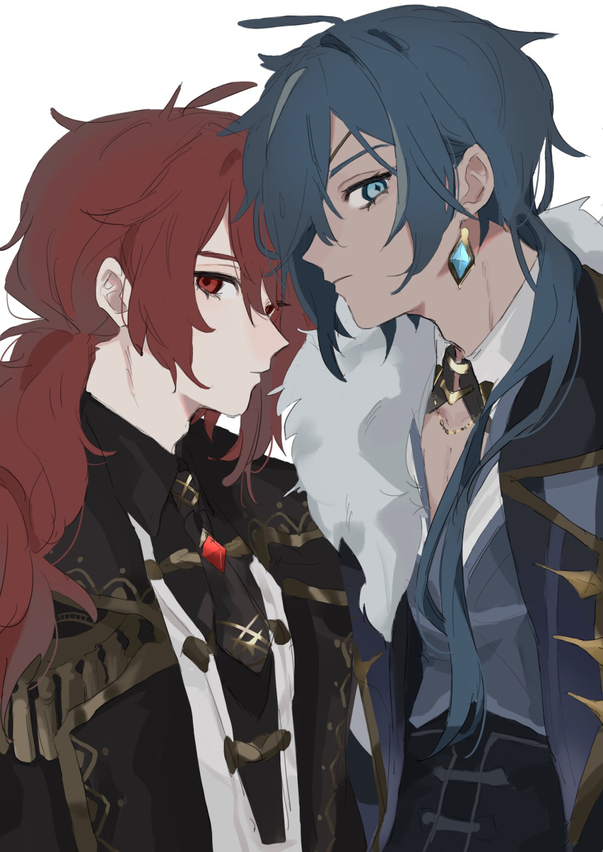 2boys black_coat black_necktie blue_coat blue_eyes blue_hair cleavage_cutout closed_mouth clothing_cutout coat diamond-shaped_pupils diamond_(shape) diluc_(genshin_impact) earrings fur_trim gem genshin_impact gold_necklace highres jewelry kaeya_(genshin_impact) long_hair looking_at_viewer male_focus mono_02 multiple_boys necklace necktie open_clothes open_coat red_eyes redhead simple_background single_earring symbol-shaped_pupils white_background