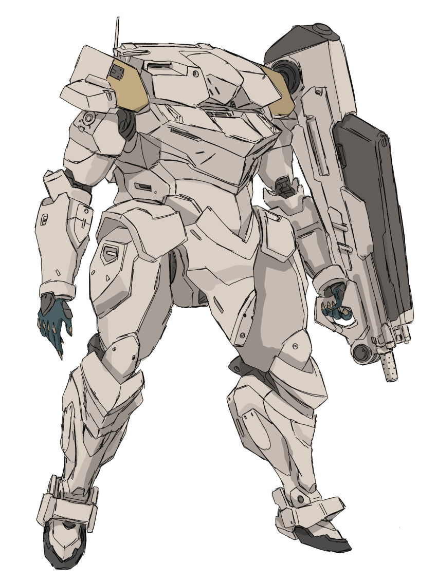 gasaraki gun highres holding holding_gun holding_weapon ishtar_mk-ii mecha mecha_kaku_man no_humans open_hand radio_antenna science_fiction simple_background solo standing weapon white_background