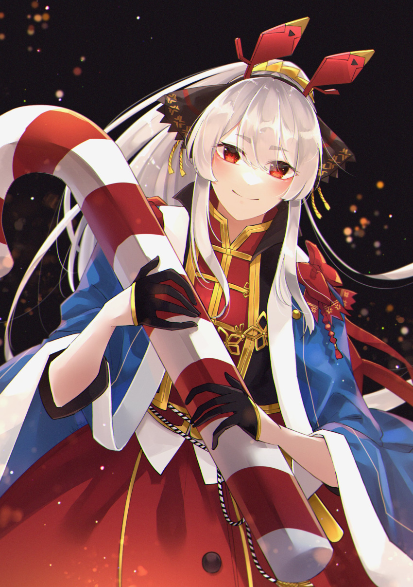 1girl absurdres alternate_hairstyle arknights bangs blush candy candy_cane cloak closed_mouth food gloves hairband highres long_hair official_alternate_costume ponytail red_eyes s0batter silver_hair solo tassel weedy_(arknights) weedy_(candy_cape)_(arknights)