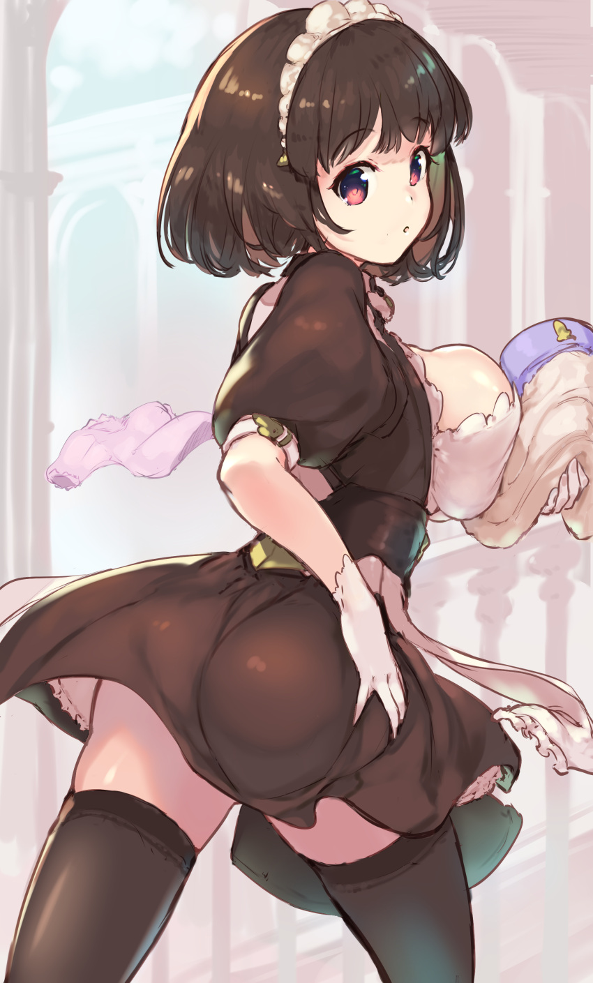 1girl :o absurdres ass bangs breast_press breasts brown_dress brown_hair brown_legwear cowboy_shot dress eyebrows_visible_through_hair from_behind gloves hand_on_hip highres kirikawa_ikumu large_breasts legs_apart looking_at_viewer looking_back maid maid_headdress open_mouth original puffy_short_sleeves puffy_sleeves red_eyes short_dress short_hair short_sleeves solo thigh-highs walking white_gloves