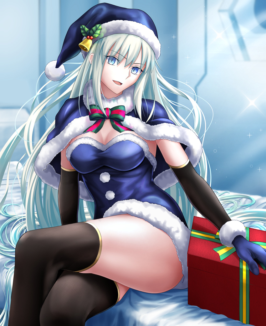 1girl absurdres bangs blue_eyes breasts fate/grand_order fate_(series) grey_hair harukey highres large_breasts long_hair looking_at_viewer morgan_le_fay_(fate) sidelocks thighs very_long_hair