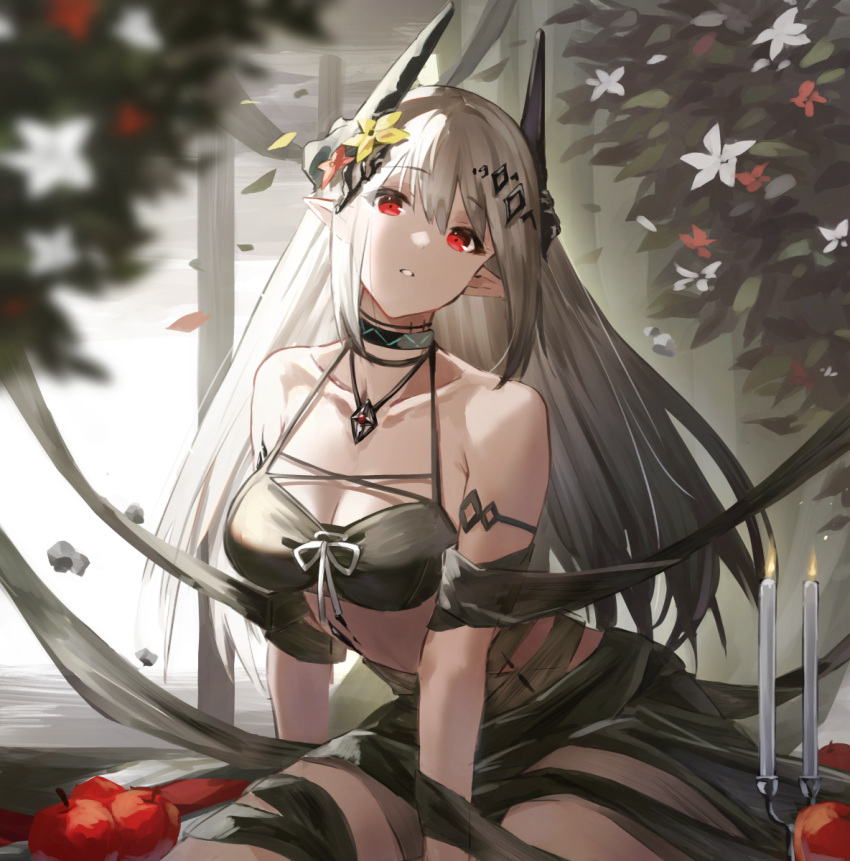 1girl apple arknights armlet backlighting bare_shoulders bikini black_bikini black_ribbon candle collar collarbone food fruit highres horns infection_monitor_(arknights) jewelry leaning_forward long_hair milluun mudrock_(arknights) mudrock_(silent_night)_(arknights) necklace official_alternate_costume oripathy_lesion_(arknights) parted_lips pointy_ears red_eyes ribbon silver_hair sitting solo swimsuit very_long_hair