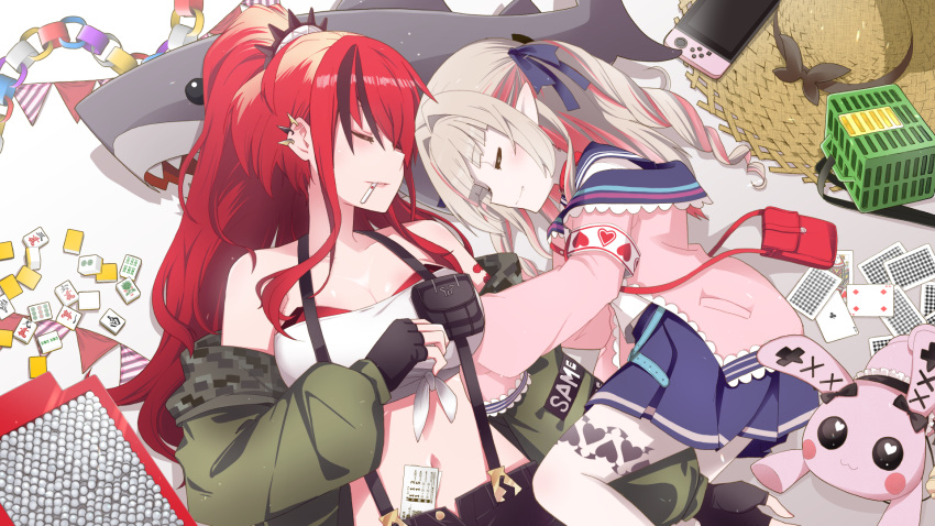 2girls bag bandeau bangs bare_shoulders black_gloves black_hair blue_skirt breasts closed_mouth commentary_request ear_piercing fingerless_gloves gloves green_jacket grey_hair handbag hat highres jacket lain_paterson large_breasts long_hair long_sleeves mahjong mahjong_tile makaino_ririmu midriff mouth_hold multiple_girls navel nijisanji nintendo_switch off_shoulder open_fly pantyhose piercing pink_jacket pointy_ears ponytail pouch redhead skirt stomach strapless stuffed_animal stuffed_shark stuffed_toy sun_hat suspenders tonogai_yoshiki tube_top white_legwear