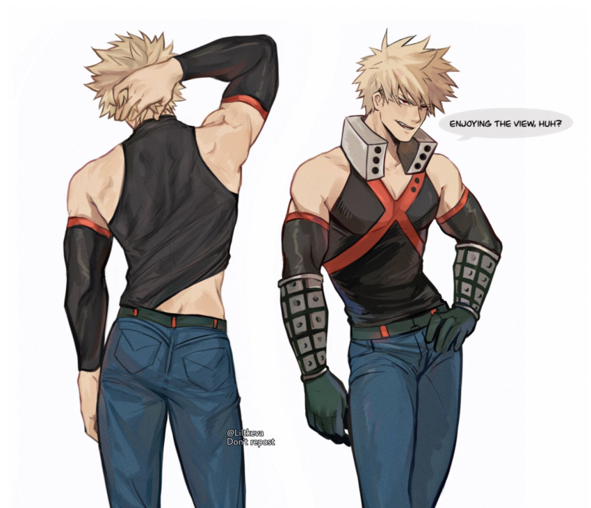 1boy arm_behind_head bakugou_katsuki bangs bare_shoulders belt black_gloves black_shirt black_sleeves blonde_hair boku_no_hero_academia brown_belt detached_sleeves english_text from_behind gloves hand_in_hair hand_on_hip highres keva_(liltkeva) multiple_views open_mouth pants shirt short_hair simple_background sleeveless sleeveless_shirt speech_bubble standing twitter_username white_background