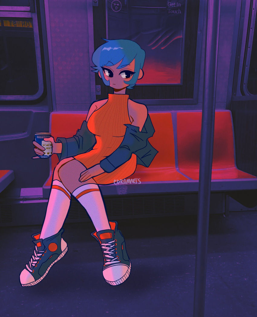 1girl bangs black_eyes blue_hair breasts can cdromarts commentary converse dress english_commentary expressionless eyebrows_visible_through_hair highres holding holding_can jacket kneehighs looking_at_viewer open_clothes open_jacket original short_hair sitting solo subway swept_bangs twitter_username