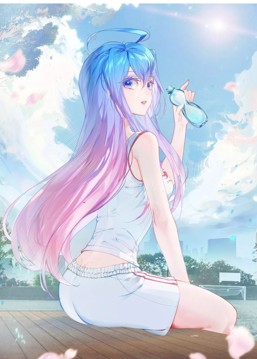 1girl ahoge blue_hair blue_sky bottle clouds cover cover_page douluo_dalu hei_zhi_shi highres manga_cover shirt shorts sideways_glance sitting sky tang_wutong_(douluo_dalu) third-party_source tree white_shirt white_shorts