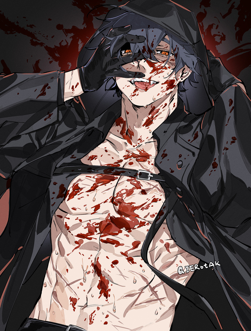 1boy bangs belt black_belt black_coat black_gloves black_hair blood blood_on_clothes blood_on_face chest_belt coat ear_piercing fangs gloves hair_between_eyes hand_on_own_face highres hood hood_up hooded_coat ierotak long_sleeves looking_at_viewer male_focus open_clothes open_coat orange_eyes original parted_lips pectoral_cleavage pectorals piercing scar scar_on_chest solo sweat toned toned_male tongue tongue_out twitter_username upper_body
