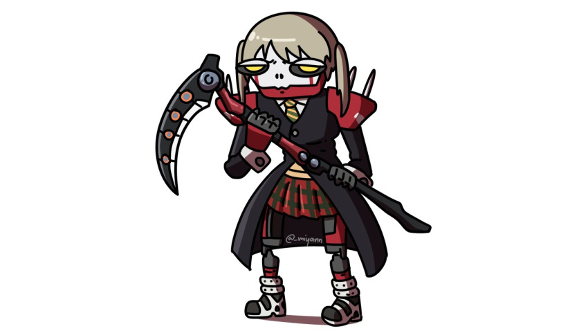 1boy annoyed apex_legends black_jacket black_sclera blonde_hair chibi collared_shirt colored_sclera cosplay dead_man's_curve english_commentary half-closed_eyes holding holding_scythe humanoid_robot jacket looking_at_viewer maka_albarn maka_albarn_(cosplay) miyan_(oceanmaiden) no_humans scythe shirt shoes sneakers solo soul_eater twintails weapon_connection white_background white_shirt yellow_eyes