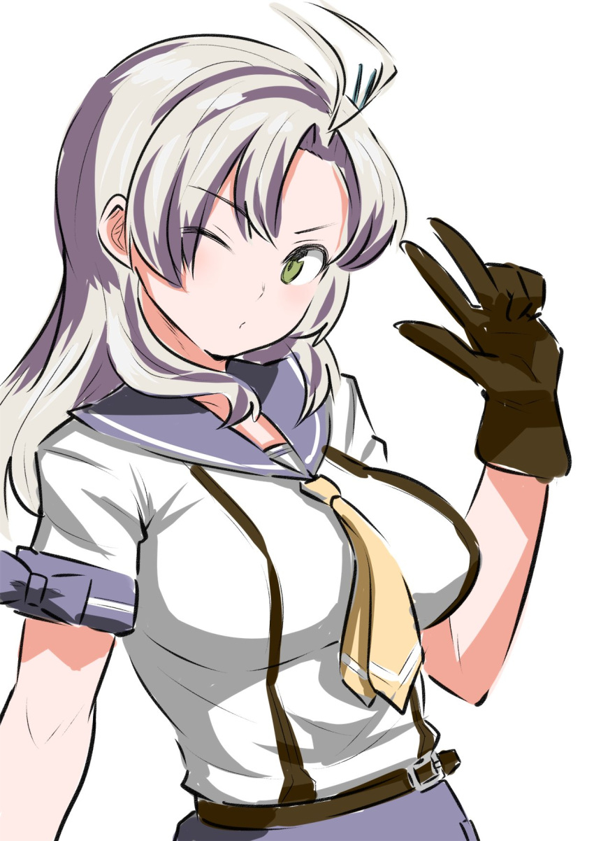 1girl 30-06 antenna_hair brown_gloves gloves green_eyes grey_hair hair_tie highres kantai_collection kinugasa_(kancolle) kinugasa_kai_ni_(kancolle) looking_at_viewer necktie one_side_up purple_sailor_collar remodel_(kantai_collection) ribbon sailor_collar school_uniform serafuku simple_background solo upper_body white_background yellow_necktie