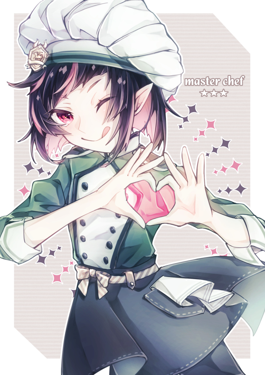 1boy ;p androgynous black_hair blush chef chef_hat chef_uniform fangs hat highres lilia_vanrouge multicolored_hair natsukawamikan one_eye_closed pale_skin pink_hair pointy_ears red_eyes tongue tongue_out twisted_wonderland