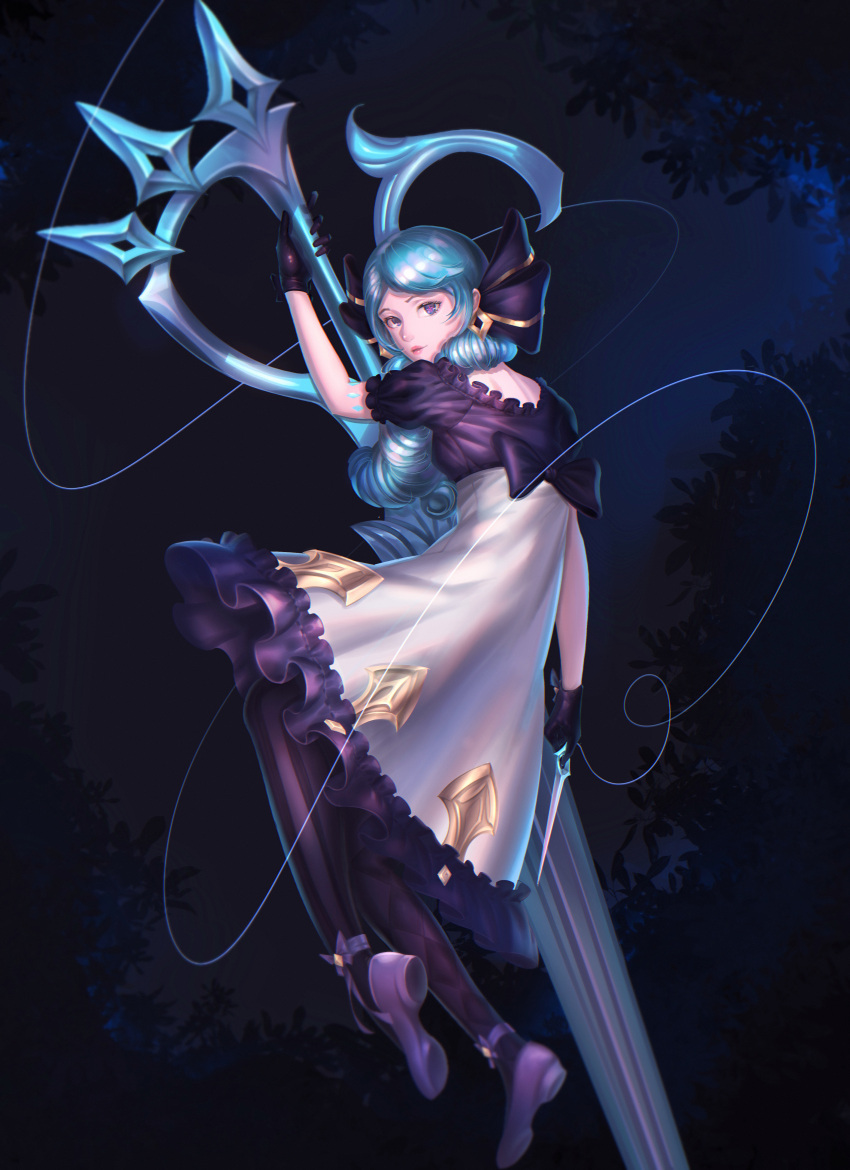 1girl absurdres bangs black_bow black_dress black_gloves blue_background blue_eyes blue_hair bow chojja dress drill_hair frilled_dress frills gloves grey_dress gwen_(league_of_legends) hair_bow highres holding holding_scissors league_of_legends long_hair multicolored_background oversized_object pantyhose puffy_short_sleeves puffy_sleeves scissors shiny shiny_hair shoes short_sleeves solo spade_(shape) striped striped_legwear twin_drills