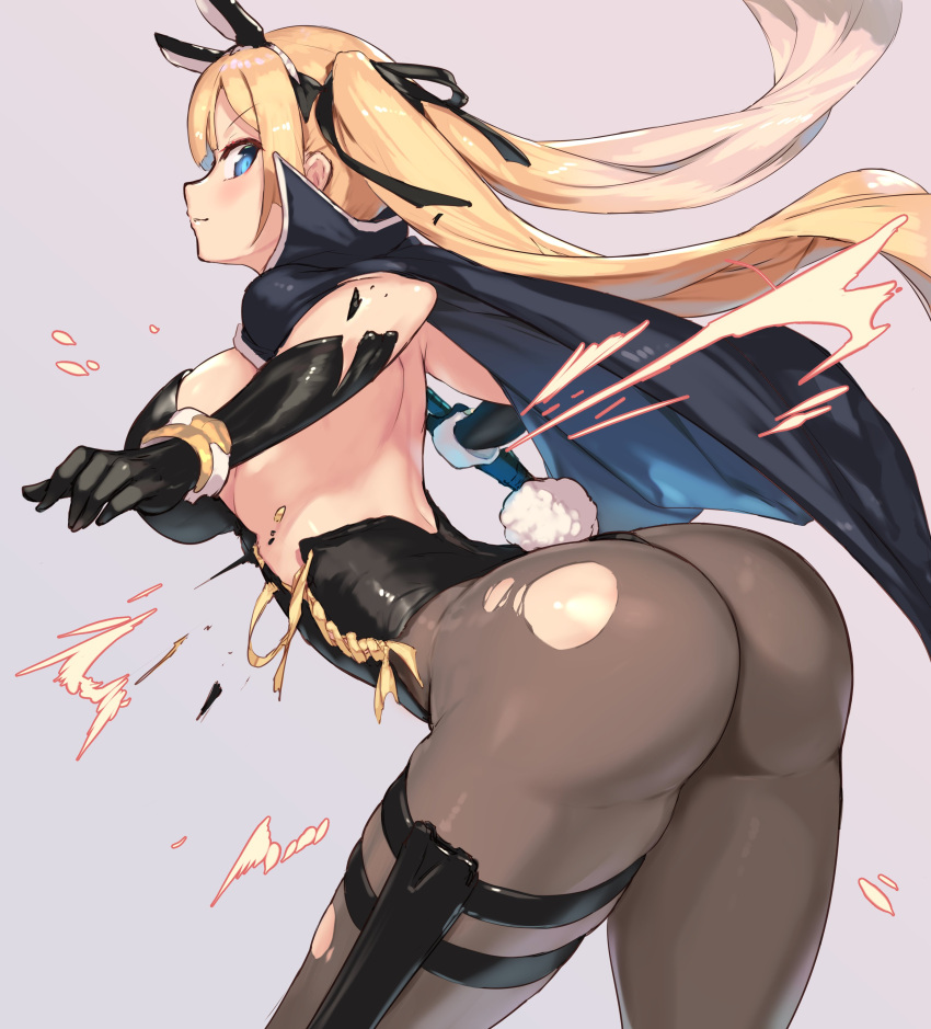 1girl absurdres arched_back ass back bangs black_gloves blonde_hair blue_eyes breasts cape closed_mouth cowboy_shot from_behind gloves hair_ribbon hairband highres huge_ass kirikawa_ikumu large_breasts leaning leaning_forward legs_apart leotard looking_back original pantyhose rabbit_tail ribbon side-tie_leotard simple_background solo strapless strapless_leotard tail thick_thighs thigh_strap thighs tied_hair torn_clothes torn_legwear torn_leotard wristband