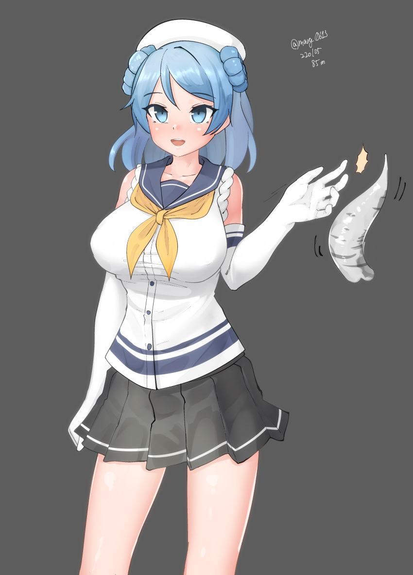 1girl absurdres blue_eyes blue_hair breasts double_bun elbow_gloves gloves grey_background hat highres kantai_collection large_breasts maru_(marg0613) medium_breasts neckerchief one-hour_drawing_challenge pleated_skirt sailor_hat school_uniform serafuku simple_background skirt sleeves_rolled_up solo standing tentacles urakaze_(kancolle) white_gloves white_headwear yellow_neckerchief