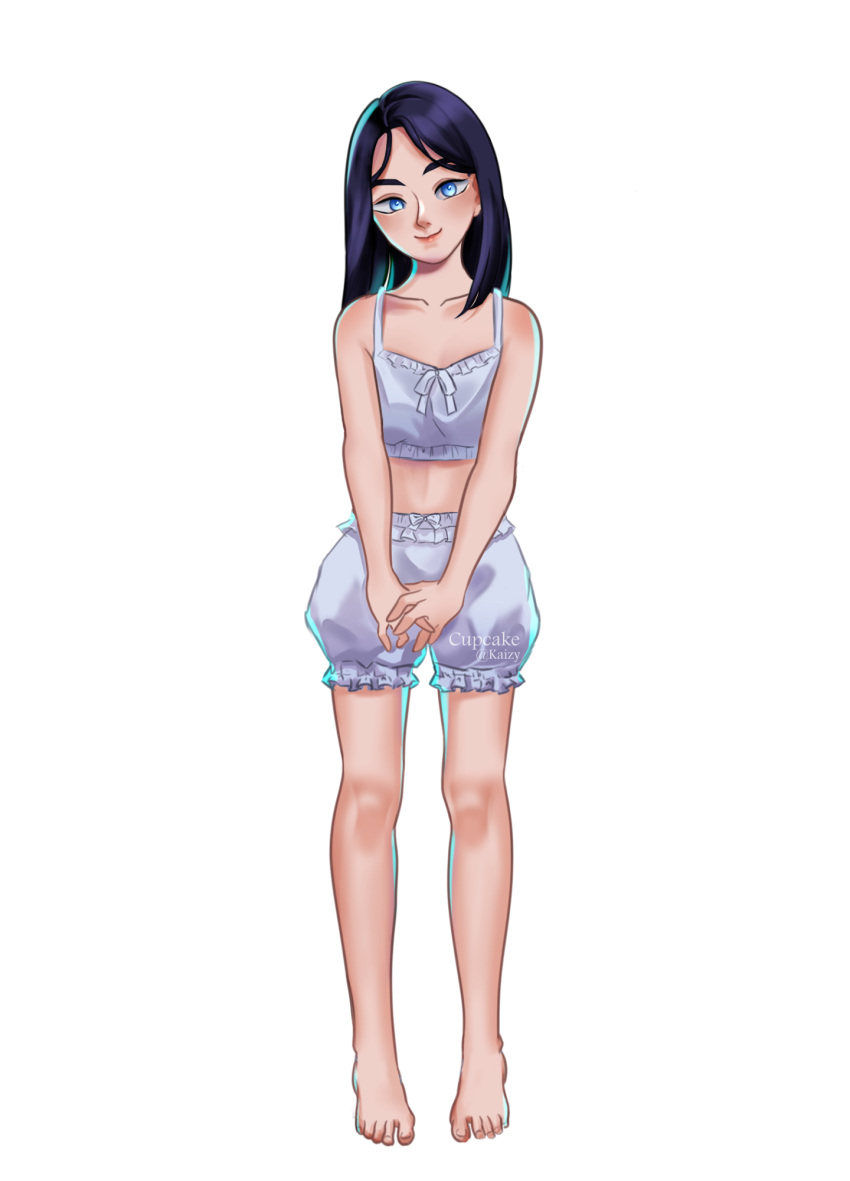 1girl arcane:_league_of_legends bangs bare_arms barefoot black_hair bloomers blue_eyes blush bra caitlyn_(league_of_legends) collarbone commentary flat_chest full_body highres kaizy_(kaizy_07) league_of_legends long_hair looking_at_viewer own_hands_together smile solo underwear white_bra
