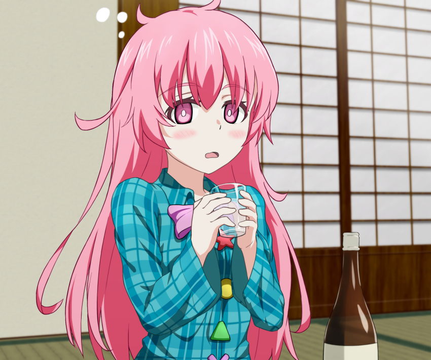 1girl alcohol bangs blue_shirt blush bottle bow bowtie breasts buttons circle collared_shirt commentary_request cross door drunk eyebrows_visible_through_hair floor glass hair_between_eyes hands_up hata_no_kokoro highres indoors kbal98 long_hair long_sleeves looking_to_the_side medium_breasts no_hat no_headwear open_mouth pink_eyes pink_hair plaid plaid_shirt purple_bow purple_bowtie sake shirt solo star_(symbol) touhou triangle wall