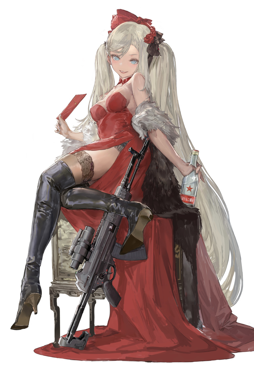 1girl a-545_(girls'_frontline) absurdres bangs black_footwear black_legwear blue_eyes boots bottle breasts brown_legwear chinese_commentary commentary_request dress envelope full_body fur_trim girls_frontline gun high_heel_boots high_heels highres holding holding_bottle holding_envelope long_hair looking_at_viewer medium_breasts messikid parted_lips platinum_blonde_hair red_dress simple_background sitting smile solo thigh-highs thigh_boots thighhighs_under_boots twintails very_long_hair weapon white_background