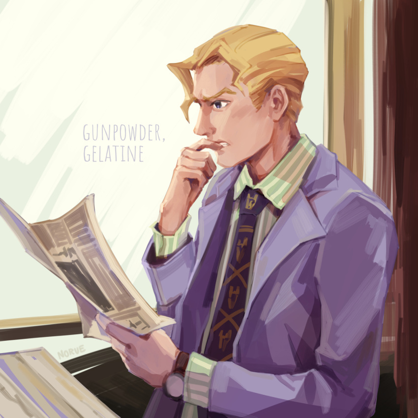 1boy biting black_eyes blonde_hair diamond_wa_kudakenai finger_biting formal highres jojo_no_kimyou_na_bouken kira_yoshikage necktie newspaper no_lineart norue reading solo suit window