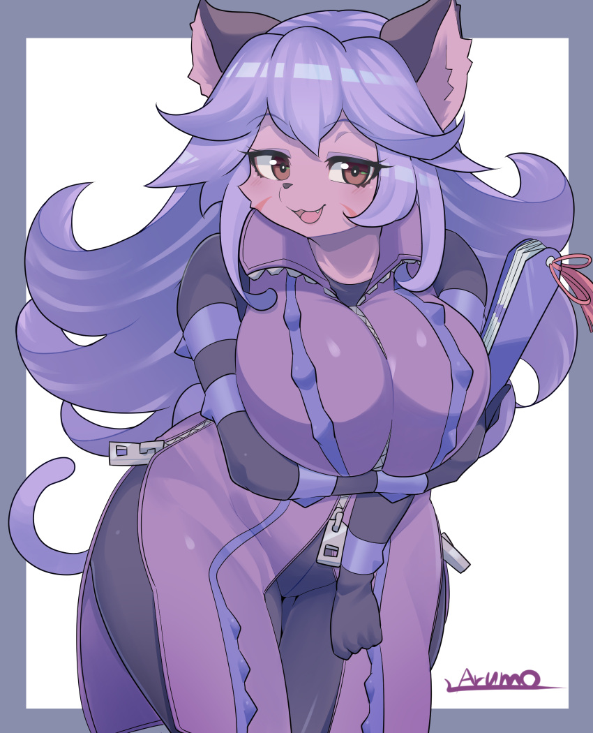 1girl animal_ears blush breasts brown_eyes cat_ears cat_girl cat_tail eyebrows_visible_through_hair eyeshadow facial_mark fang furry furry_female highres large_breasts little_tail_bronx long_hair looking_at_viewer makeup open_mouth opera_kranz purple_eyeshadow purple_hair ryuusui_arumo smile solatorobo solo tail zipper_pull_tab