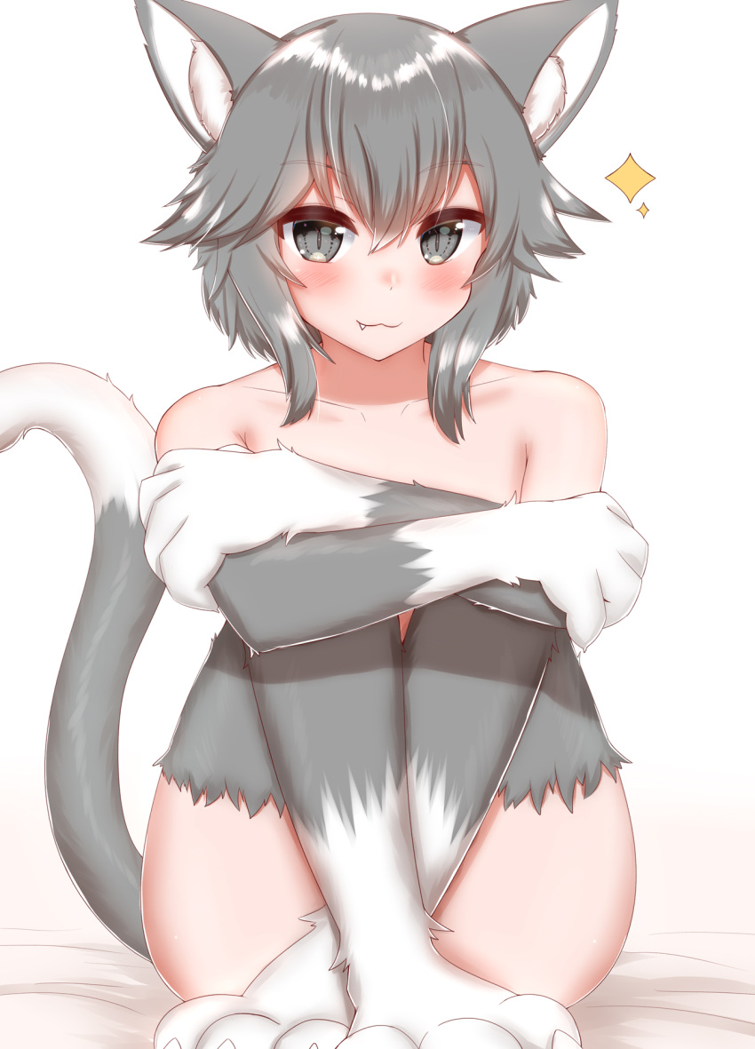 1other :3 ambiguous_gender animal_ears animal_hands blush body_fur cat cat_ears cat_girl cat_tail claws collarbone fang full_body grey_fur grey_hair heart highres horokusa_(korai) on_bed open_mouth original simple_background sitting sitting_on_bed slit_pupils solo tail whiskers white_background white_fur