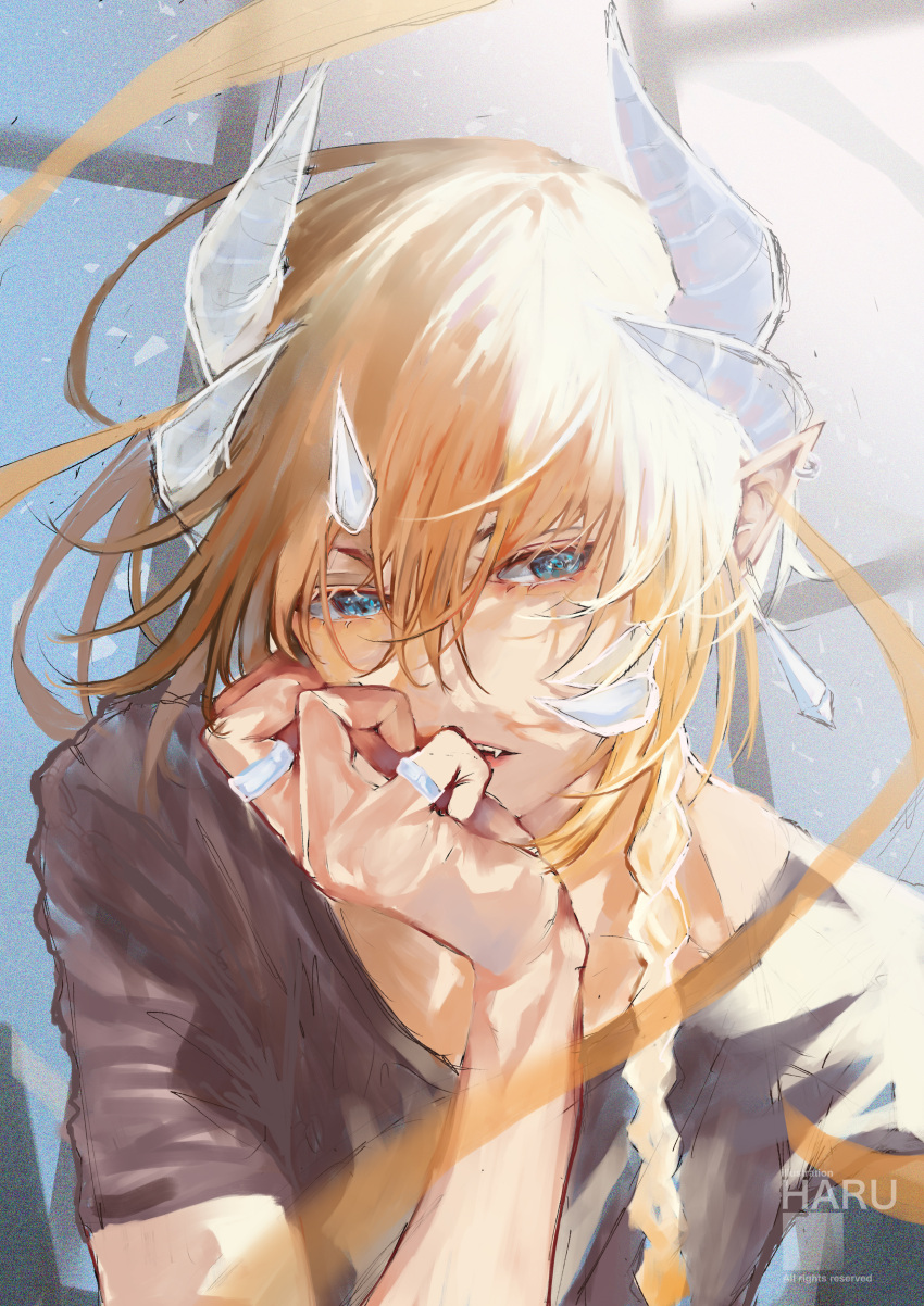 1boy absurdres bishounen blonde_hair bloom blue_eyes braid braided_ponytail covering_mouth hair_between_eyes hand_over_own_mouth haru_(yckd5728) highres horns long_hair looking_away male_focus oni oni_horns original parted_lips pointy_ears short_sleeves sidelighting simple_background solo upper_body