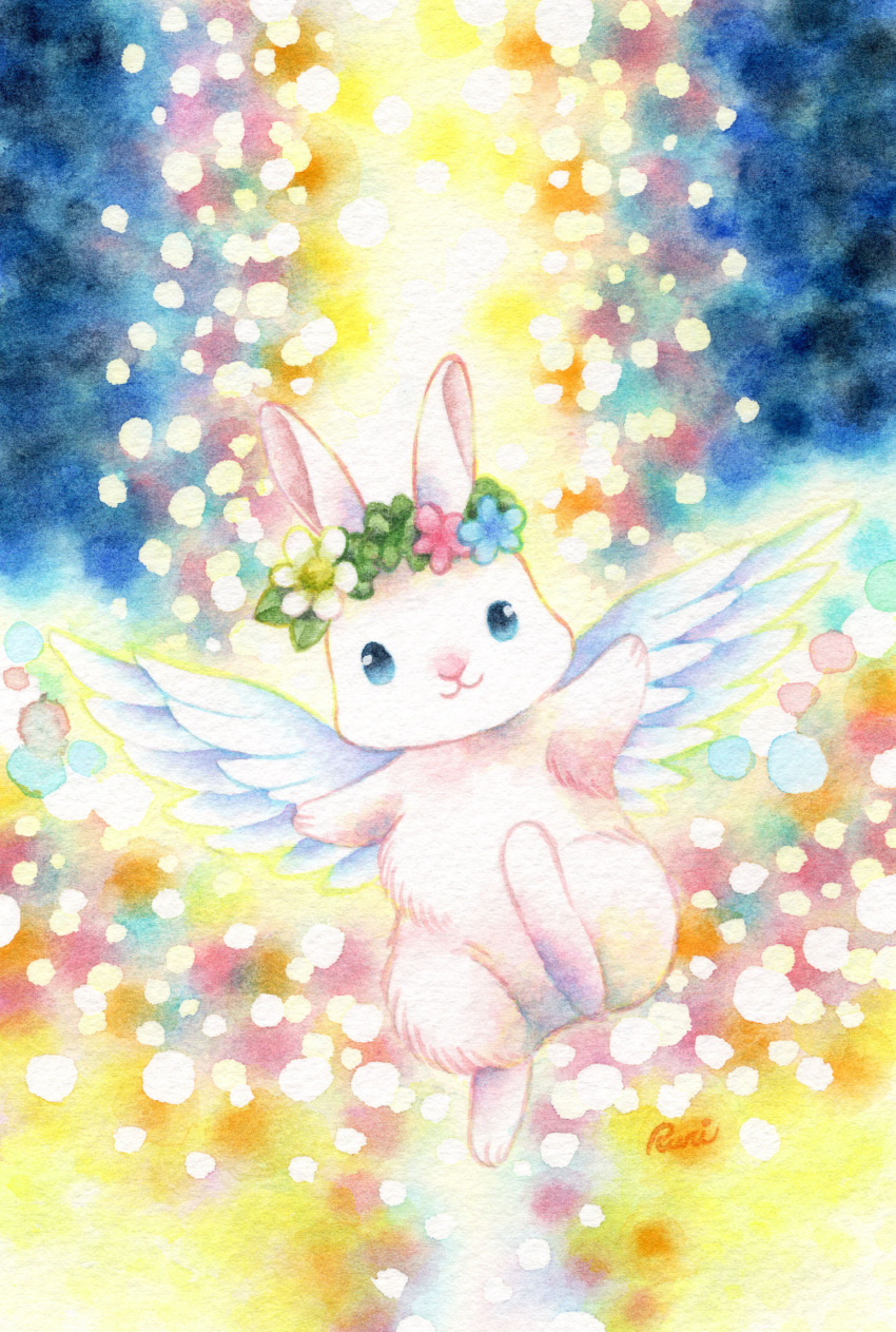 :3 angel_wings animal animal_focus blue_eyes closed_mouth commentary_request feathered_wings head_wreath highres no_humans original painting_(medium) rabbit signature sinsousui sparkle traditional_media watercolor_(medium) white_wings wings wreath