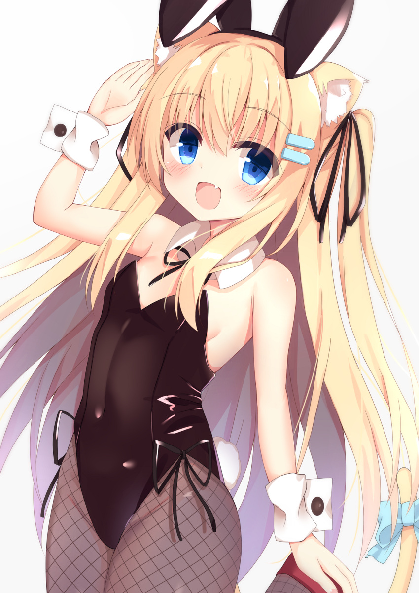 1girl animal_ears bare_shoulders black_leotard blonde_hair blue_eyes blush bow bowtie breasts cat_ears detached_collar fake_animal_ears fake_tail fang fishnet_legwear fishnets hair_ornament hair_ribbon hairclip highres hiragana_ababa leotard long_hair looking_at_viewer open_mouth original pantyhose playboy_bunny rabbit_ears rabbit_tail ribbon skin_fang small_breasts smile solo strapless strapless_leotard tail wrist_cuffs