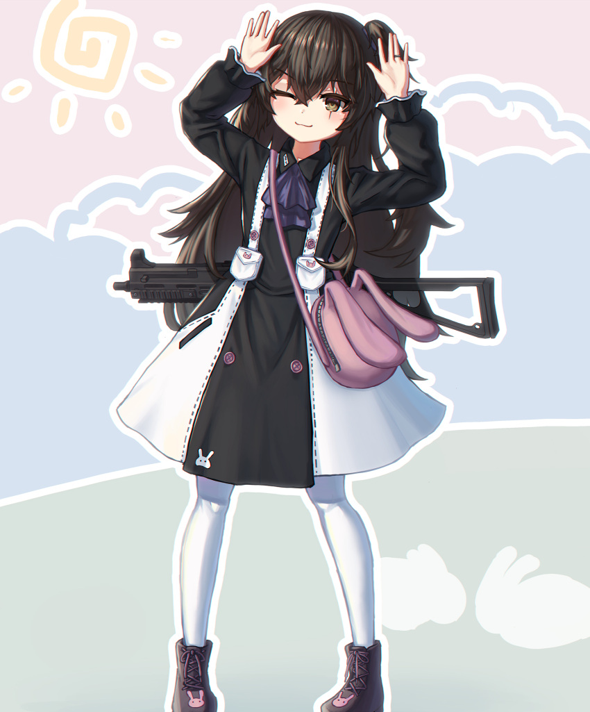 1girl ;) animal_bag arms_up bag bangs black_dress black_footwear black_hair boots brown_eyes closed_mouth commentary cross-laced_footwear dress eyebrows_visible_through_hair girls_frontline h&amp;k_ump45 hair_between_eyes highres lace-up_boots long_sleeves object_namesake one_eye_closed one_side_up pantyhose puffy_long_sleeves puffy_sleeves scar scar_on_face shoulder_bag smile solo stratosphere_(coom1017) sun_symbol ump45_(girls'_frontline) weapon weapon_on_back white_legwear